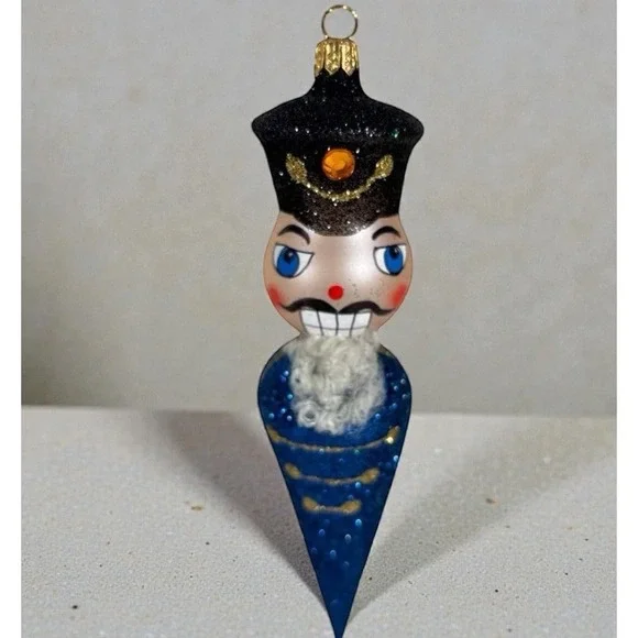 Vintage Blown Glass Christmas Ornament - Stylized Blue Nutcracker Teardrop 8" - Picture 1 of 7